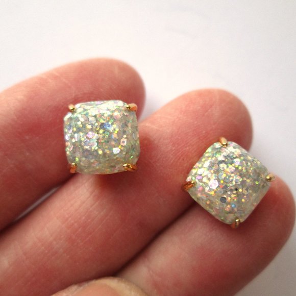 ♠ Kate Spade Opal Glitter Stud Earrings Gold Tone Square Cushion Resin Sparkly - Picture 10 of 12